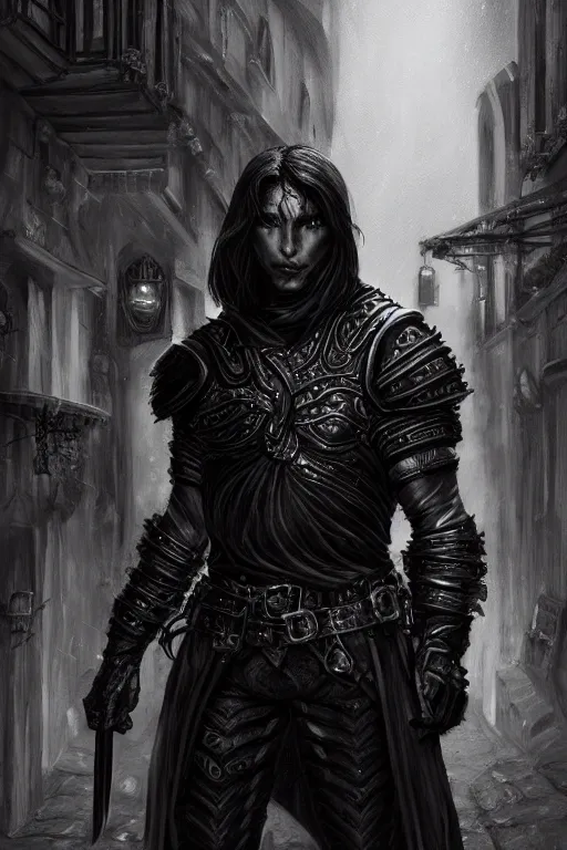 Image similar to portrait of a muscular male thief wearing black leather armor in a dark alleyway, fantasy, intricate, elegant, highly detailed, digital painting, artstation, concept art, matte, sharp focus, illustration, art by aenaluck, epic fantasy, moody, dark mood, digital painting