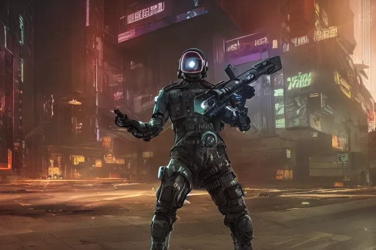 Prompt: 3d render of a detailed cyberpunk soldier with full-head helmet carrying a sci-fi futuristic energy rifle with glowing particles in his arms, standing in front of a dilapidated advanced cyberpunk city at night, lit up by the streetlights and electronic billboards, 4k, Unreal Engine, octane render