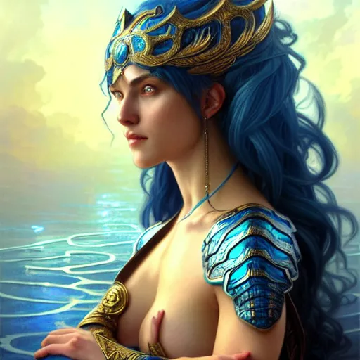 Image similar to a goddess of water wearing blue armor, with arms and hair turning into water, fantasy, intricate, elegant, highly detailed, digital painting, artstation, concept art, wallpaper, smooth, sharp focus, illustration, art by artgerm and greg rutkowski and alphonse mucha