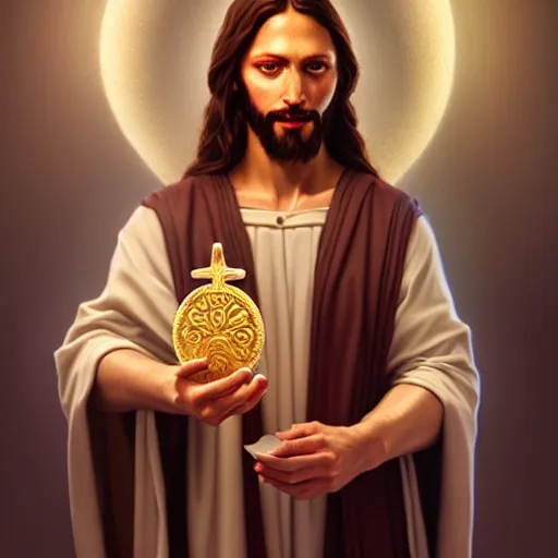 Prompt: portrait painting of a jesus holding a eucharist and chalice, ultra realistic, concept art, intricate details, highly detailed, photorealistic, octane render, 8 k, unreal engine. art by artgerm