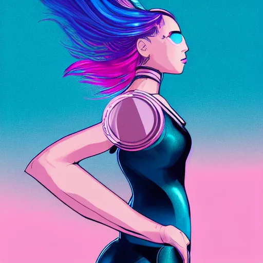 Image similar to a stunning upper body portrait of a beautiful young woman wearing futuristic navy blue and teal battle bodyarmor, ombre purple and pink hairstyle, hair blowing in the wind, hoop earrings, by marvel comics, digital art, trending on artstation