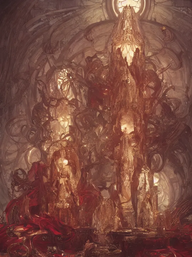 Image similar to a huge ivory throne with illithids kneeling in front of it, red tones, highly coherent, ultra realistic, concept art, eerie, highly detailed, photorealistic, octane render, 8 k, unreal engine. art by artgerm and greg rutkowski and alphonse mucha