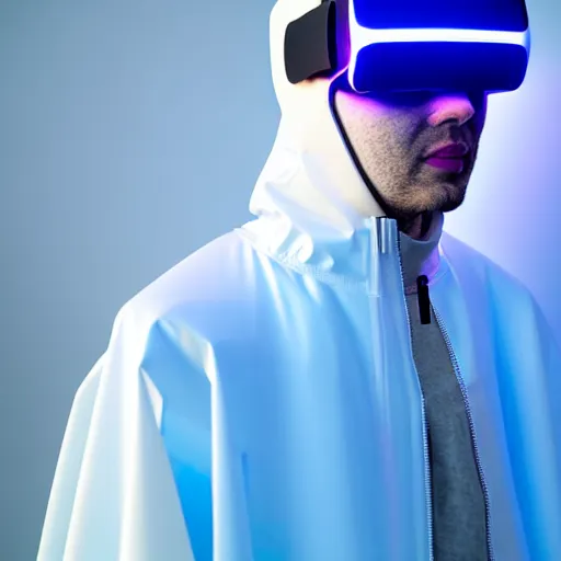 Prompt: an ultra high definition professional studio quality photograph of an artificially intelligent cyberpunk vr influencer wearing a transparent iridescent pastel coloured face visor and matching raincoat on white coat hook in a sheer icelandic black rock environment. dramatic lighting. volumetric shadows. light rays