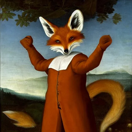 Image similar to renaissance painting of an anthropomorphic fox in a decorated uniform, wearing white gloves