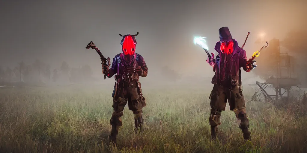 Image similar to inside of strange misty estuary landscape a gamekeeper wearing a steampunk and neonpunk mechanical fluorescent mystical animal mask and red hood. in style of fornite game. night fog, beautiful render, octane render