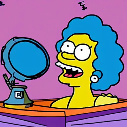 Prompt: In the style of Matt Groening: Marge Simpson in a recording booth singing and banging a tambourine.