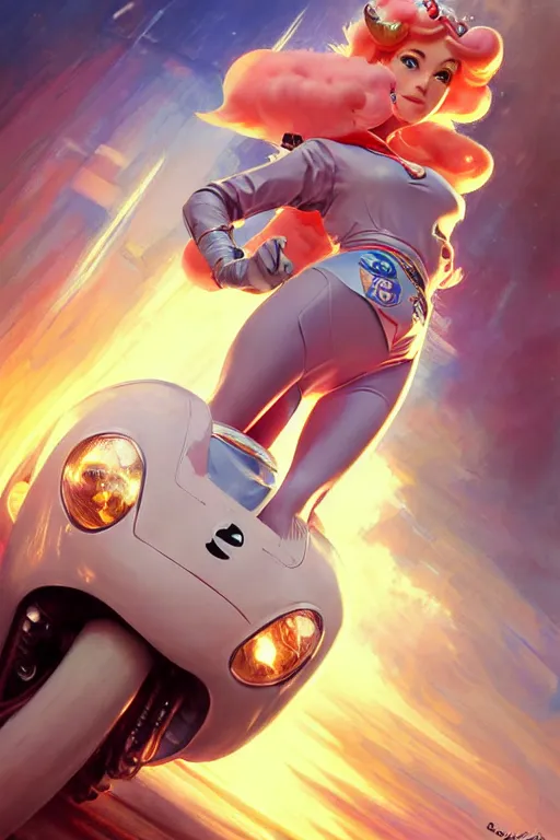 Prompt: princess peach style of speed racer, dynamic pose, retro anime, intricate, futuristic, fantasy, elegant, by Stanley Artgerm Lau, Margaret Keane, greg rutkowski, thomas kindkade, alphonse mucha, loish, norman Rockwell,