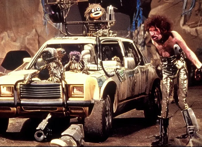 Image similar to scene from the 1979 science fiction film Muppet Mad Max