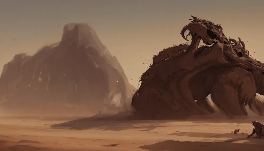 Prompt: concept art by jama jurabaev, cel shaded, cinematic shot, trending on artstation, high quality, brush stroke, the research team is investigating the remains of an ancient monster buried in the desert