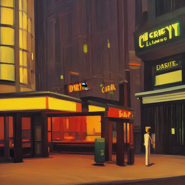 Image similar to dark city all stores cloded, except one, painted by Edward Hopper and James Gilleard, oil painting