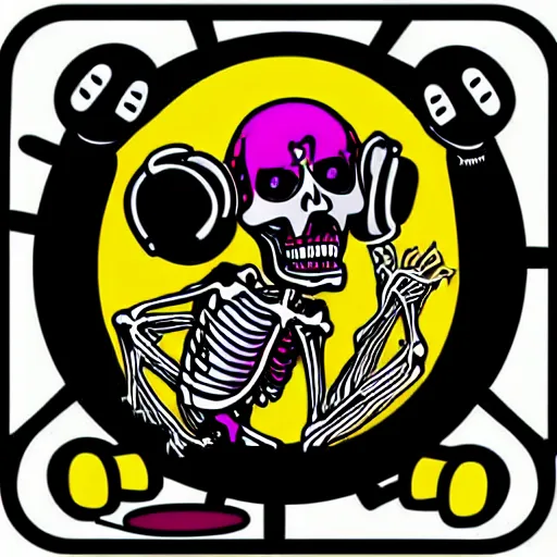 Prompt: svg sticker of a Dancing-Zombie-Skeleton, at a rave, spinning records, giant headphones rocking out, wearing headphones, huge speakers, dancing, rave, DJ, spinning records, digital art, amazing composition, rule-of-thirds, award-winning, trending on artstation, featured on deviantart