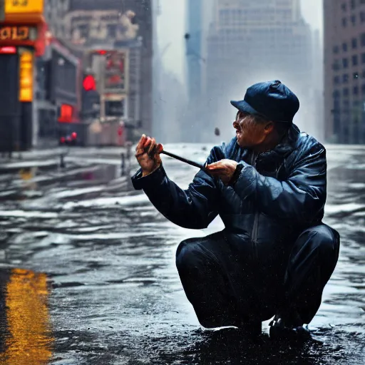 Prompt: closeup portrait of a man fishing in a puddle rainy new york street, by Annie Leibovitz, natural light, detailed face, CANON Eos C300, ƒ1.8, 35mm, 8K, medium-format print