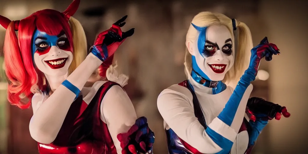 Image similar to ' adam west'as'harley quinn ', cinematic scene, award winning