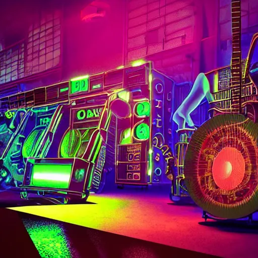 Image similar to album cover, album is called tripmachine, tripmachine, photo of a huge dieselpunk machine with guitars and drums and pianos, connected with glowing tubes 8 k, fluorescent colors, halluzinogenic, multicolored, exaggerated detailed, front shot, 3 d render, octane