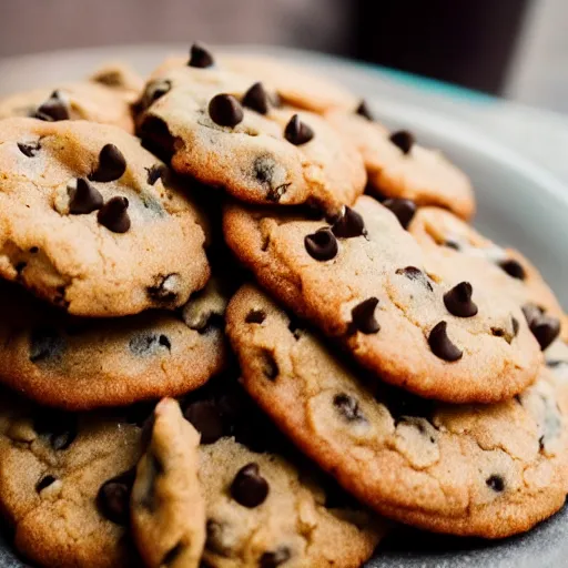 Image similar to a 5 0 mm macro shot of a plate of chocolate chip and prawn cookies