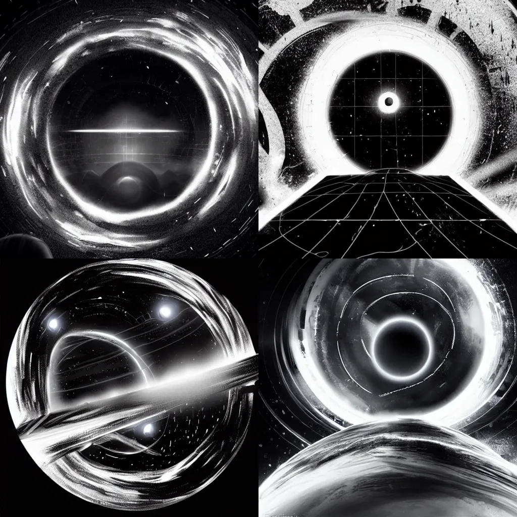 Prompt: logo black hole with accretion disk rises above the city destroying it with a shockwave, vector art, digital art, black and white, art by greg rutkowski, gonzalo fuenmayor