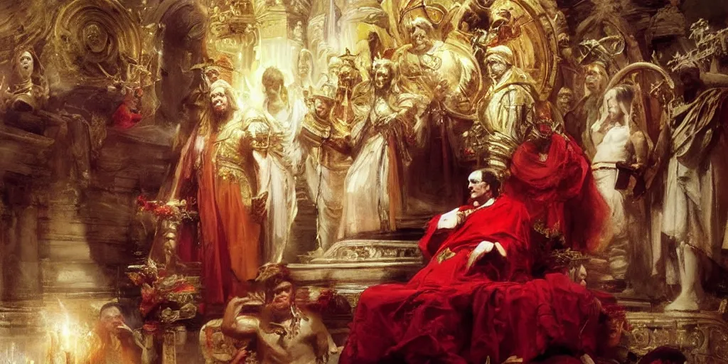 Image similar to beautiful oil painting, steve buscemi in royal crimson robes enthroned as the god emperor of ancient rome a golden wreath upon his head, by anders zorn, wonderful masterpiece by greg rutkowski, beautiful cinematic light, american romanticism, by thomas lawrence, greg rutkowski