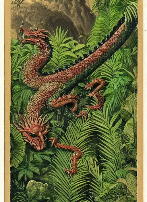 Image similar to dragon in a tropical forest, john james audubon, ernst haeckel, intaglio, sharp focus