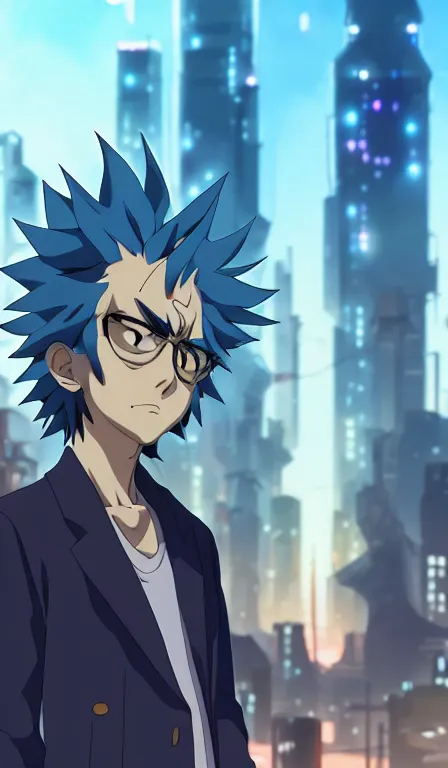 Image similar to anime fine details portrait of Rick Sanchez in front of cyberpunk moder city landscape on the background deep bokeh, close-up view, anime masterpiece by Studio Ghibli. 8k, sharp high quality anime, artstation