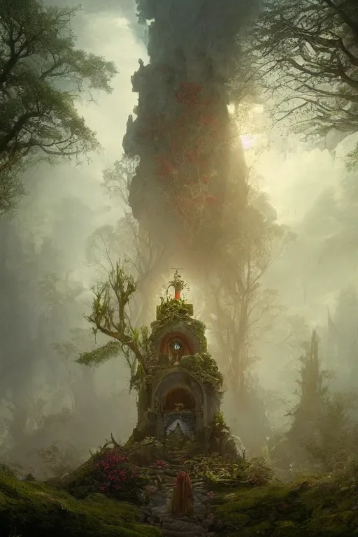 Prompt: A beautiful matte painting of an overgrown altar of a god, art by alexander jansson, dariusz zawadzki, greg rutkowski, ivan aivazovsky, Trending on artstation, artstationHD, artstationHQ, 4k, 8k