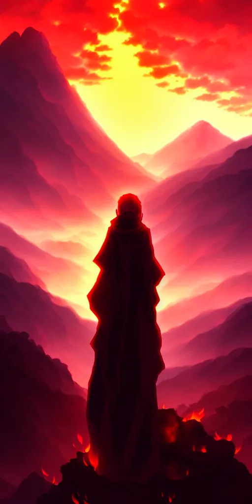 Image similar to a demonic figure obscured by fire. mountains in background, by nashimanga, anime illustration, anime key visual, beautiful anime - style digital painting by wlop, amazing wallpaper