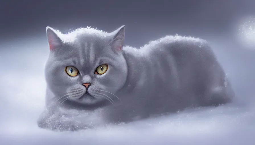 Prompt: british shorthair cat in the snow covered by snow, sunlight, volumetric light, hyperdetailed, artstation, cgsociety, 8 k