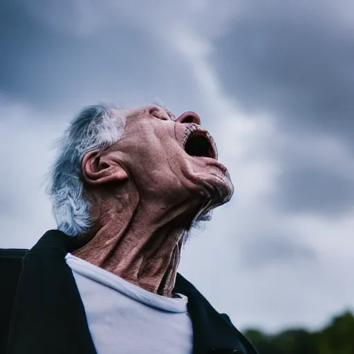 Image similar to portrait of an elderly man screaming at a cloud, ☁, canon eos r 3, f / 1. 4, iso 2 0 0, 1 / 1 6 0 s, 8 k, raw, unedited, symmetrical balance, wide angle