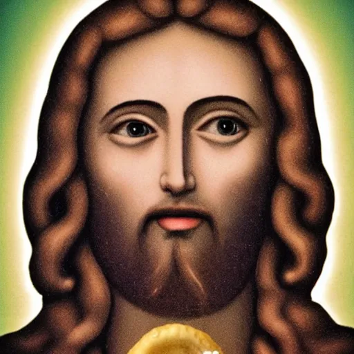 Prompt: jesus with a yellow donut on top of his head