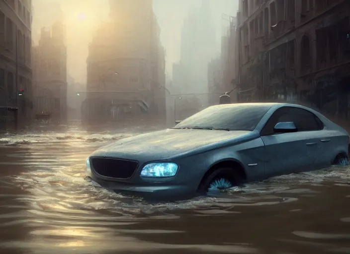 Prompt: a car driving through shallow water, flooded city, muted colors, hyperrealistic, oil painting, intricate, cgsociety, artstation, 8 k, cinematic, soft lighting, by greg rutkowski, by wlop, by artgerm