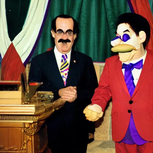 Prompt: president waluigi with vice - president wario, photograph, photo, speech, color