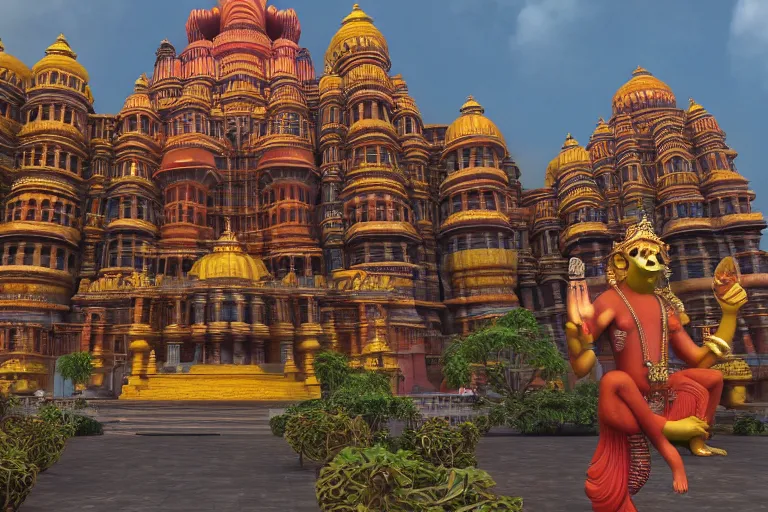 Image similar to high quality 3 d dreamscape! mumbai with biomorphic hanuman!! head building, kalighat highly detailed, unreal engine cinematic smooth, stephen shore & john j. park, soft morning light, wide shot, high angle, uhd 8 k, deep focus