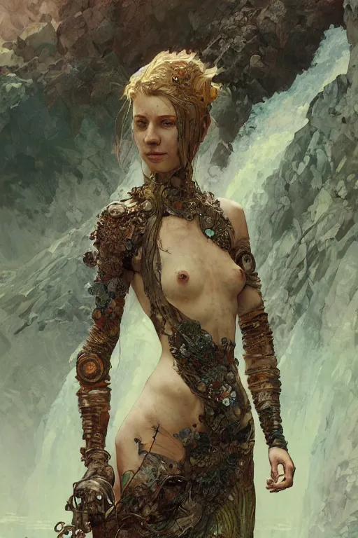 Image similar to a full body portrait of a beautiful post apocalyptic offworld neoicelandic biofarmer swimming by the waterfalls, intricate, elegant, highly detailed, digital painting, artstation, concept art, smooth, sharp focus, illustration, art by krenz cushart and artem demura and alphonse mucha