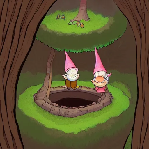 Image similar to a family of gnomes living inside a hollow in a tree, illustration by kerascoet, dynamic lighting