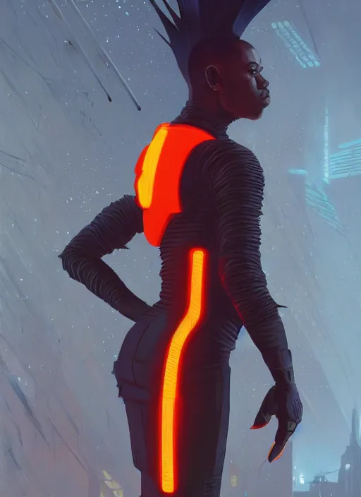 Image similar to full body side profile of a slim black man with a mohawk wearing futuristic techwear, highly detailed clothing, angular jawline, digital painting, artstation, blade runner concept art, smooth, sharp focus, electric orange light, fantasy art by greg rutkowski, loish, rhads, ferdinand knab, makoto shinkai, ilya kuvshinov, rossdraws