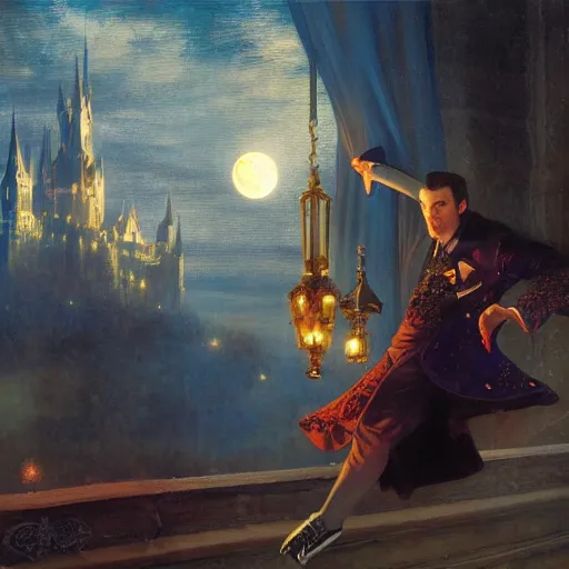 Image similar to attractive male dracula the vampire roller skating in a medieval style roller rink as a full moon shines through a window. highly detailed painting by gaston bussiere, craig mullins, j. c. leyendecker 8 k