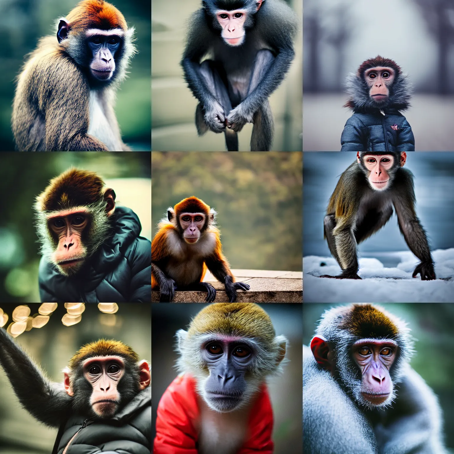Prompt: a monkey wearing a puffer jacket, moody, cinematic colors, bokeh