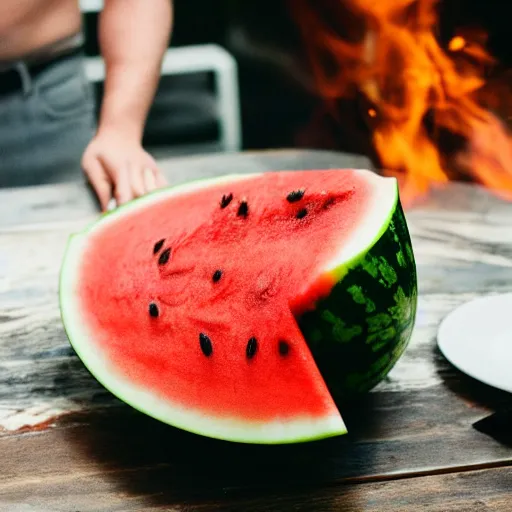 Image similar to photo of a watermelon on fire in a bar