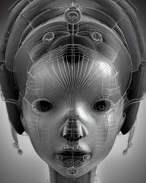 Image similar to mythical dreamy black and white organic translucent bio-mechanical spinal ribbed profile face portrait detail of mechanical beautiful female angelic-human-queen-realistic-doll-cyborg, highly detailed, intricate crystal jelly steampunk ornate, poetic, 3D render, digital art, octane render, 8K artistic photography, photo-realistic, by Dora Maar