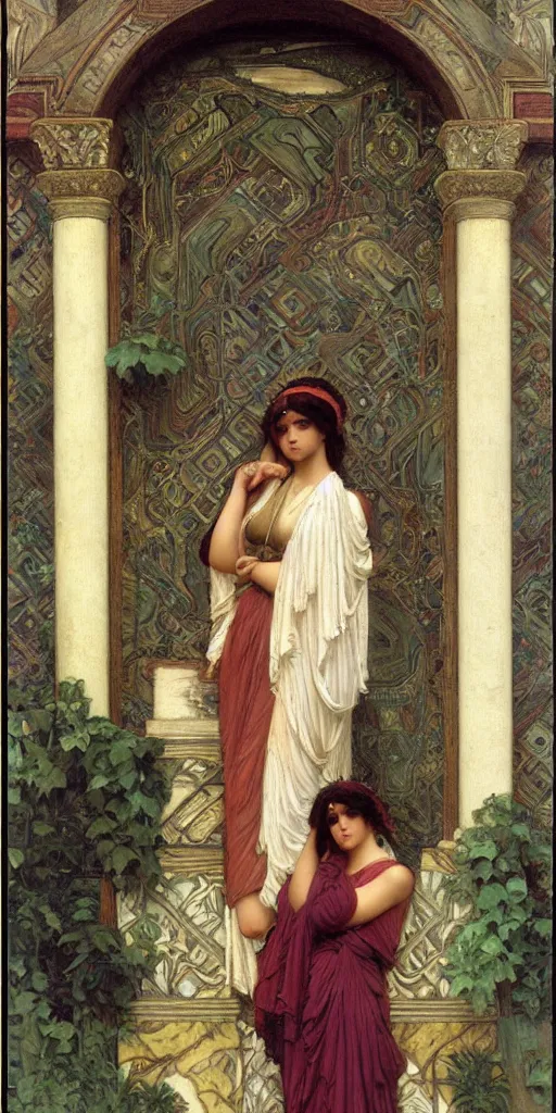 Image similar to at the gate of the temple by john william godward painted by alphonse mucha