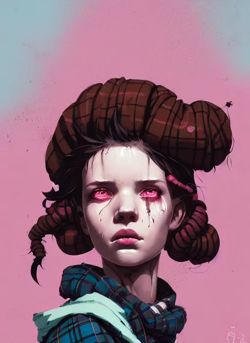Prompt: highly detailed portrait of a sewer punk lady, tartan hoody, ringlet hair by atey ghailan, by greg rutkowski, by greg tocchini, by james gilleard, by joe fenton, by kaethe butcher, gradient pink, brown, light blue and white color scheme, grunge aesthetic!!! ( ( graffiti tag wall background ) )