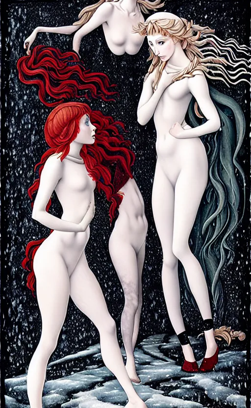 Image similar to allegory of Winter, as 3 figures, (Representing the 3 months of December, January, and February), in a mixed style of Botticelli and Æon Flux, inspired by pre-raphaelite paintings, shoujo manga, and Harajuku street fashion, sparse frozen landscape, dark and moody colors, hyper detailed, stunning inking lines, dramatic lighting, 4K photorealistic