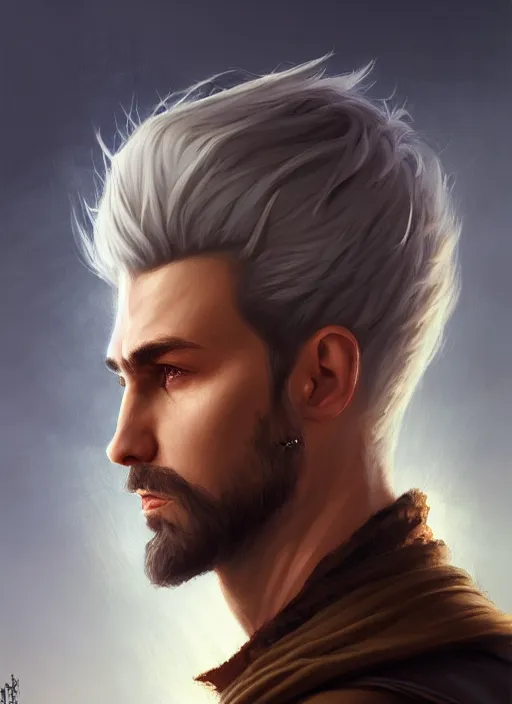 Prompt: a _ fantasy _ style _ portrait _ painting _ of wizard male, medium dark blonde pulled back side part and blonde stubble, brown eyes, rpg dnd oil _ painting _ unreal _ 5 _ daz. _ rpg _ portrait _ extremely _ detailed _ artgerm _ greg _ rutkowski _ greg