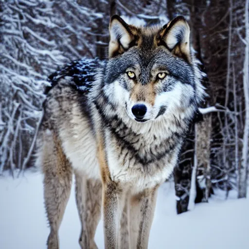 Prompt: grey wolf at snowy jungle