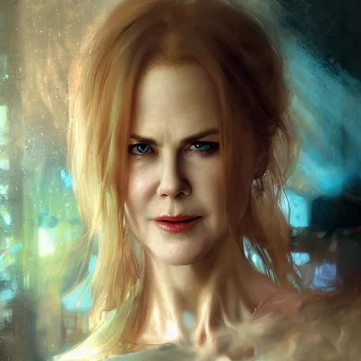 Prompt: nicole kidman, hyperrealistic portrait, bladerunner street, art of elysium by jeremy mann and alphonse mucha, fantasy art, photo realistic, dynamic lighting, artstation, poster, volumetric lighting, very detailed face, 4 k, award winning