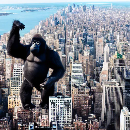 Image similar to giant gorilla on the top of new york, beautiful dynamic lighting, cinematic, extremely high detail, photo realistic, cinematic lighting, 8 k