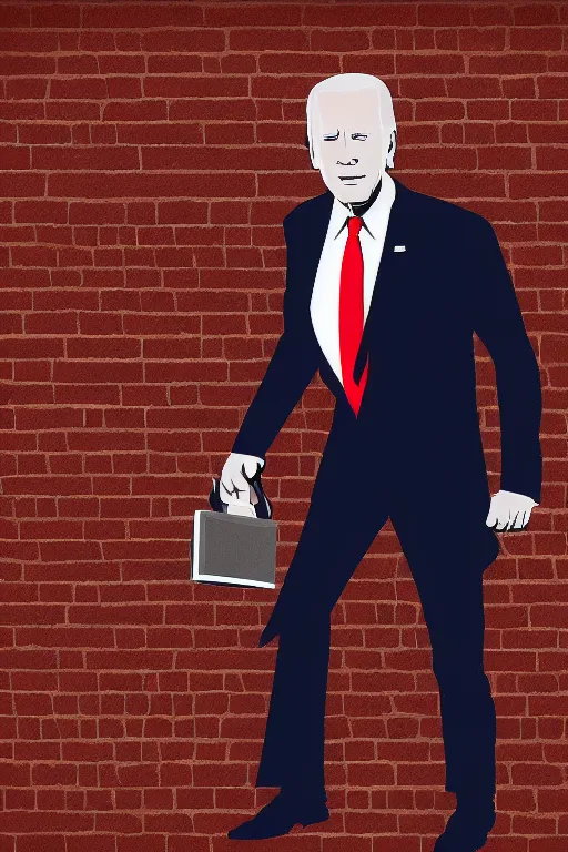 Image similar to biden with glowing red eyes breaking through a brick wall digital art illustration detailed