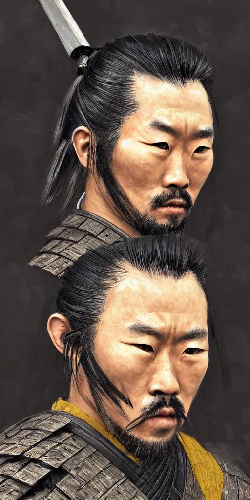 Prompt: portrait of a samurai with iron hair by Simon bisley, hyper detailled, trending on artstation