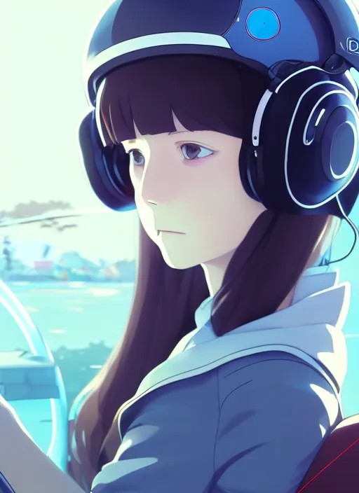 Image similar to portrait of girl driving on simulator and pc, personal room background, illustration concept art anime key visual trending pixiv fanbox by wlop and greg rutkowski and makoto shinkai and studio ghibli and kyoto animation, symmetrical facial features, daily clothing, red pilot headphones, fanatec direct drive, formula 1 wheel, volumetric lighting
