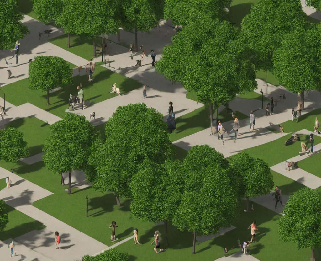 Image similar to city park, people and dogs, isometric view, octane 3d, light filtering through the trees, ray tracing, volumetric lighting