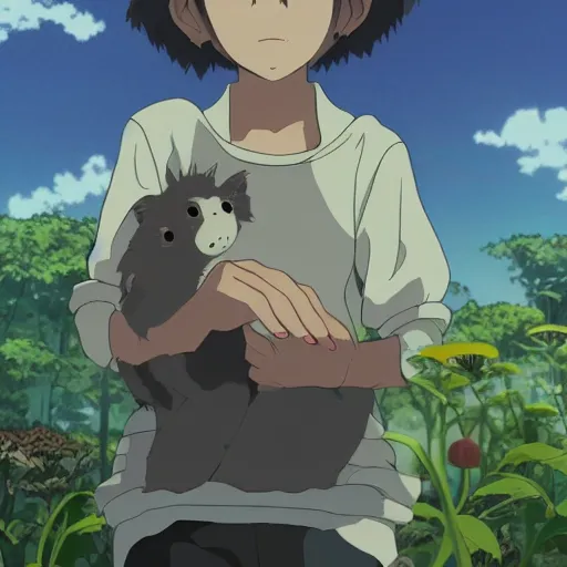 Image similar to friendly guy and small creature , with Fragile looking character portrait face made in Studio Ghibli artstyle ,highly detailed art, beautiful scene, sharp focus, smooth, 8k, anime art